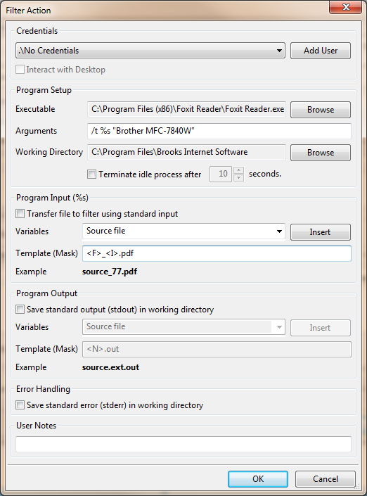 Filter action setup for Foxit to print PDF