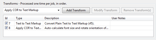 transforms list showing text markup and COR