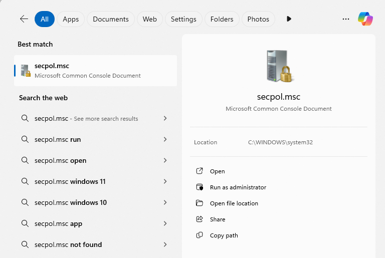 looking for secpol.msc on Windows 11