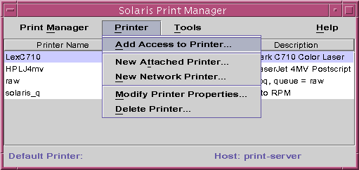 Solaris Print Manager menu for printer